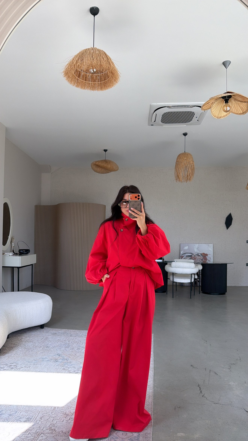 Kırmızı Premium Trench Pantolon Takım