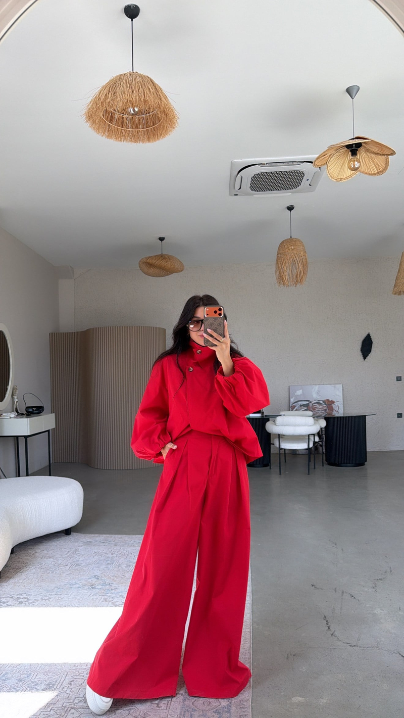 Kırmızı Premium Trench Pantolon Takım