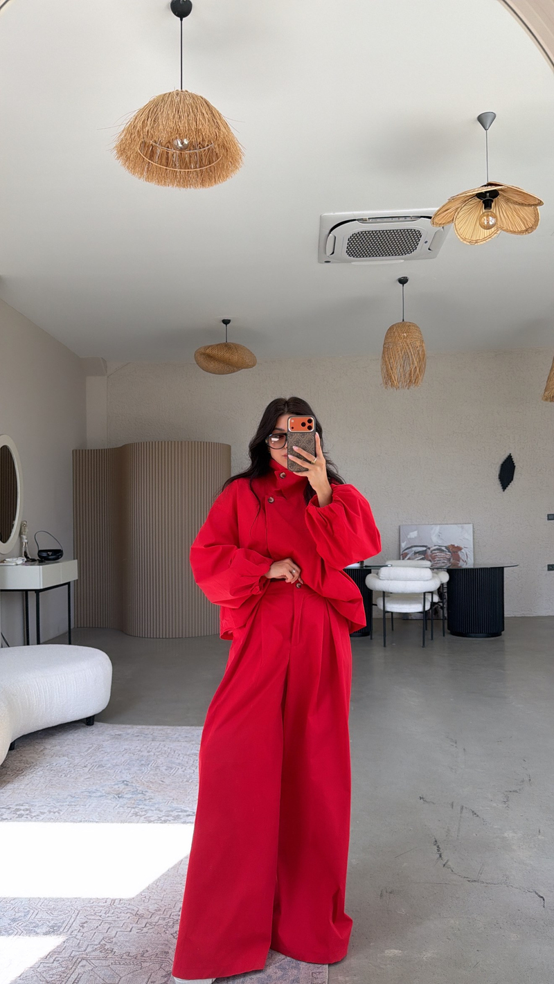 Kırmızı Premium Trench Pantolon Takım