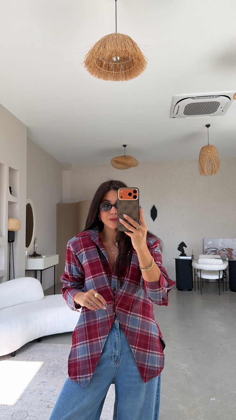 Kırmızı Soft Ekoseli Düğme Aksesuarlı Vatkalı Gömlek