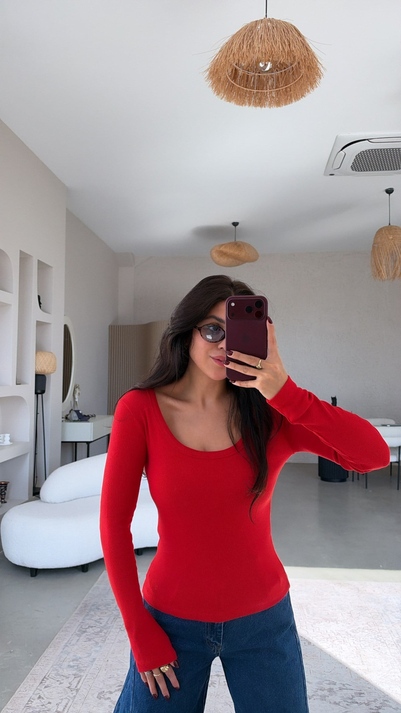 Kırmızı U Yaka Ribana Bluz