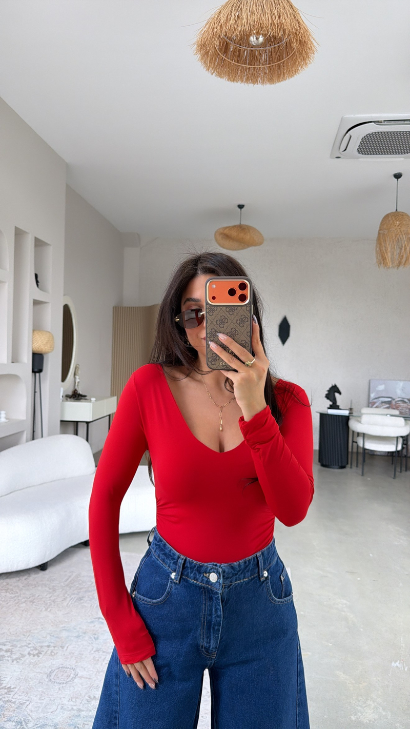 Kırmızı V Yaka Polyamid Bodysuit