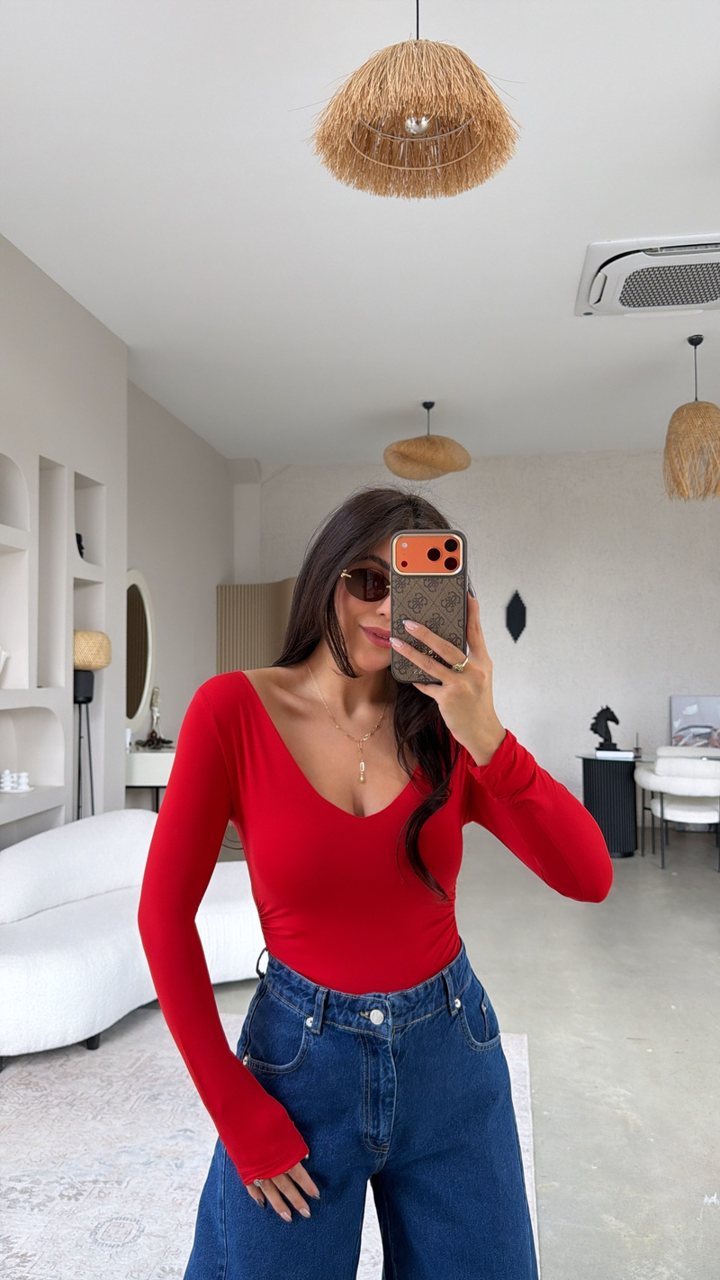 Kırmızı V Yaka Polyamid Bodysuit