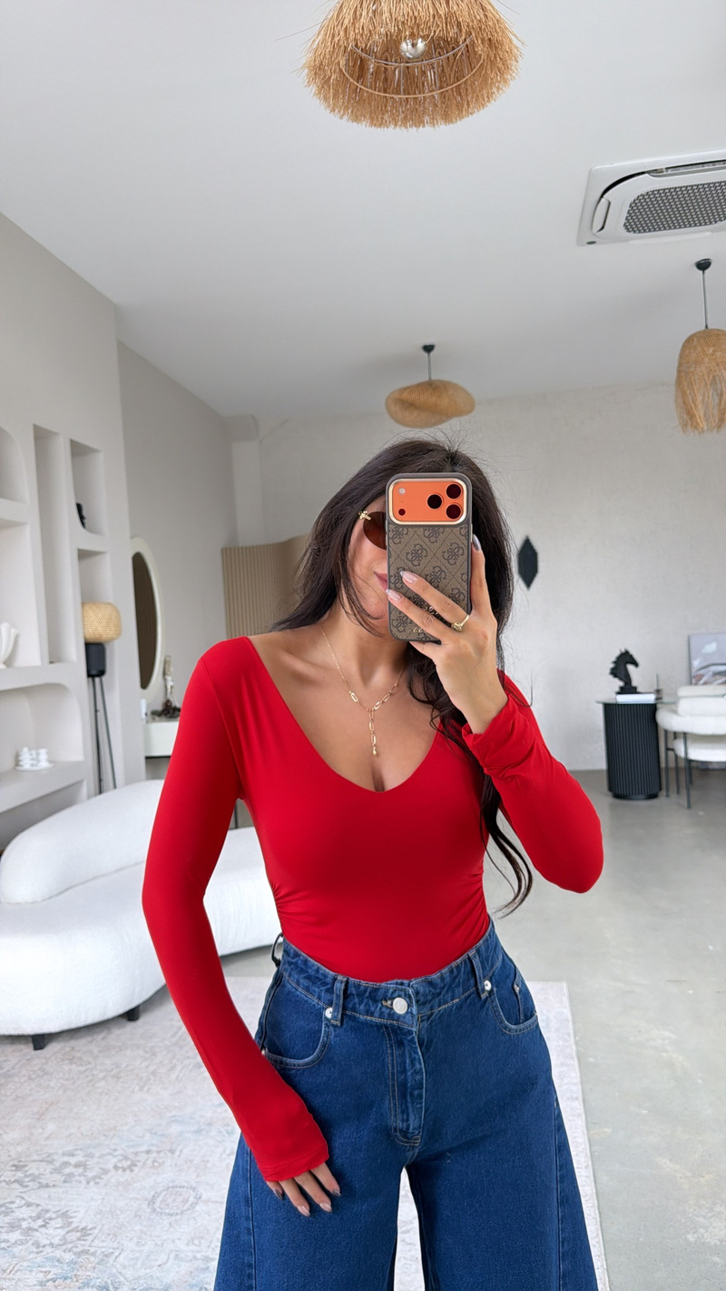 Kırmızı V Yaka Polyamid Bodysuit