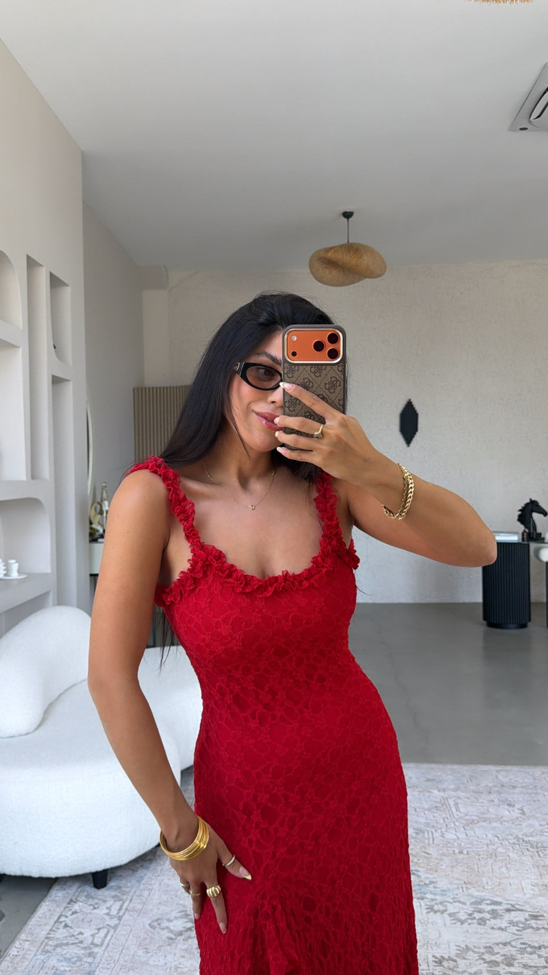 Kırmızı Yırtmaçlı Full Dantel Gipsy Elbise