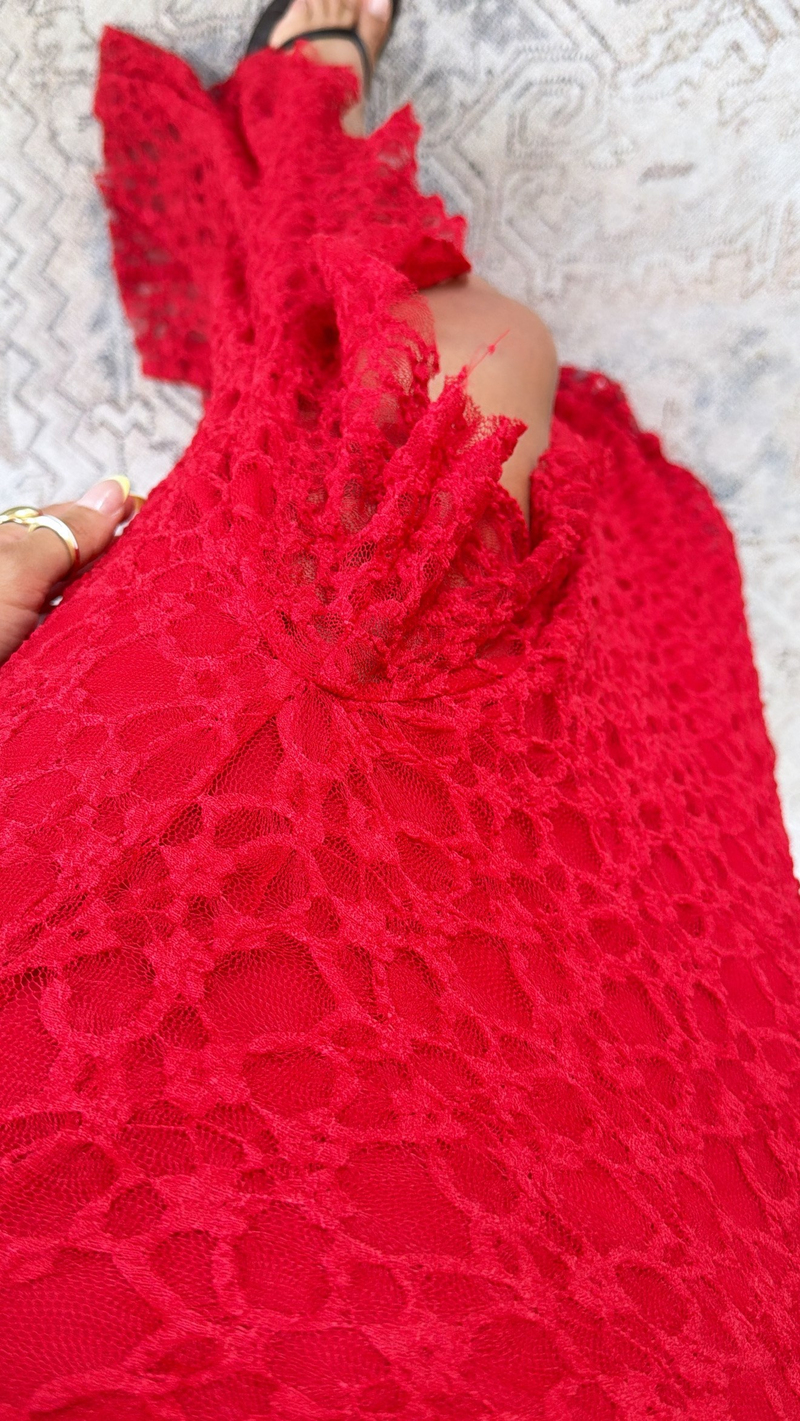 Kırmızı Yırtmaçlı Full Dantel Gipsy Elbise