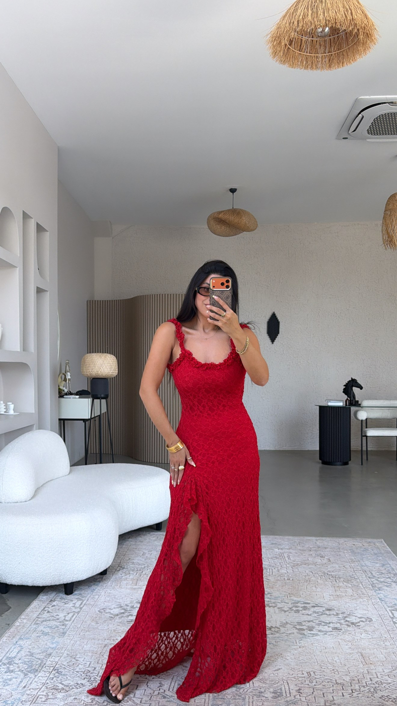 Kırmızı Yırtmaçlı Full Dantel Gipsy Elbise