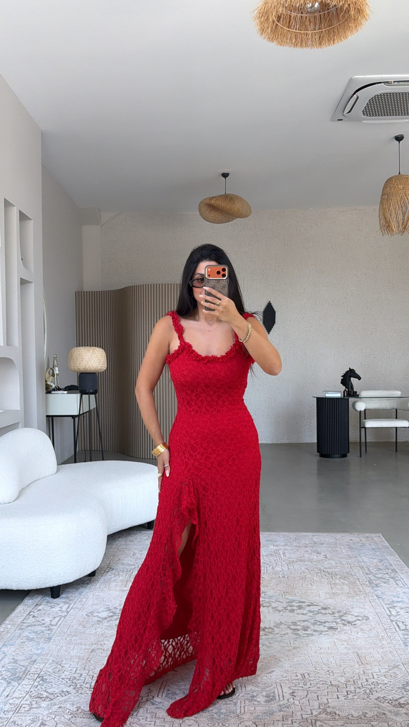 Kırmızı Yırtmaçlı Full Dantel Gipsy Elbise