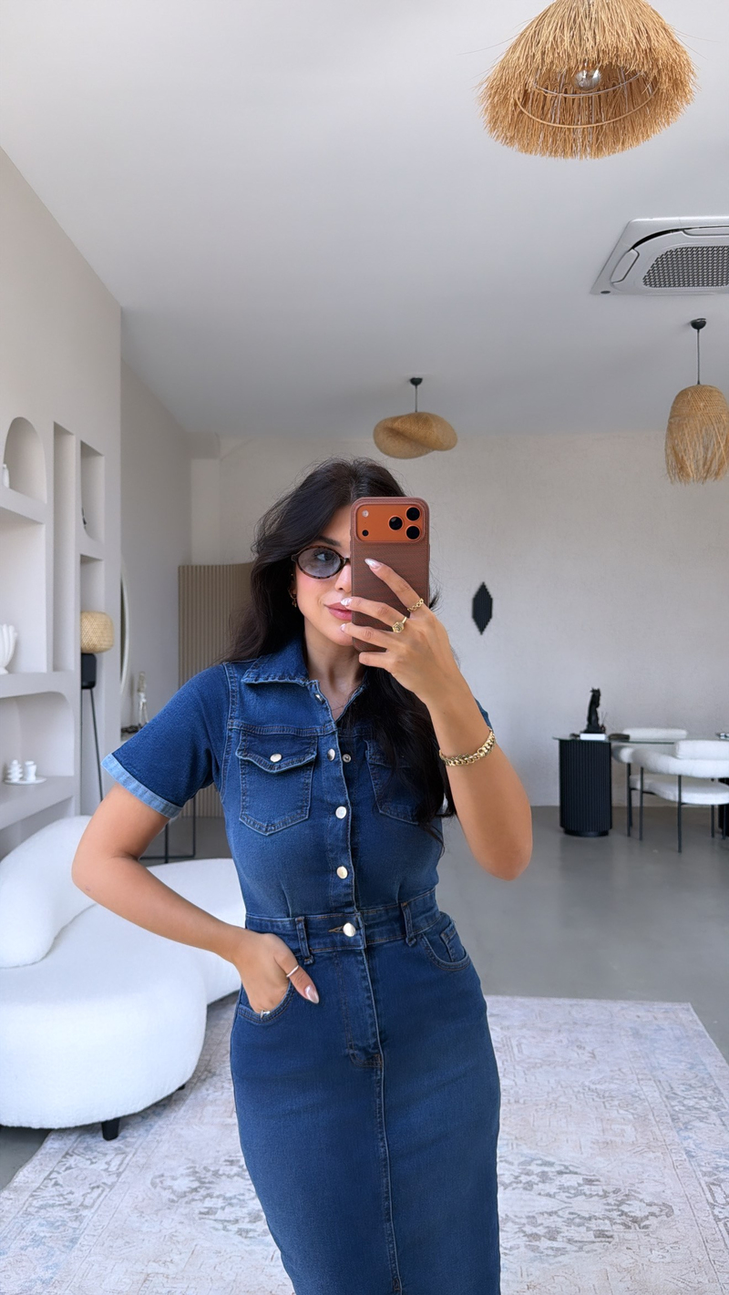 Kısa Kol Likralı Toparlayıcı Jean Elbise