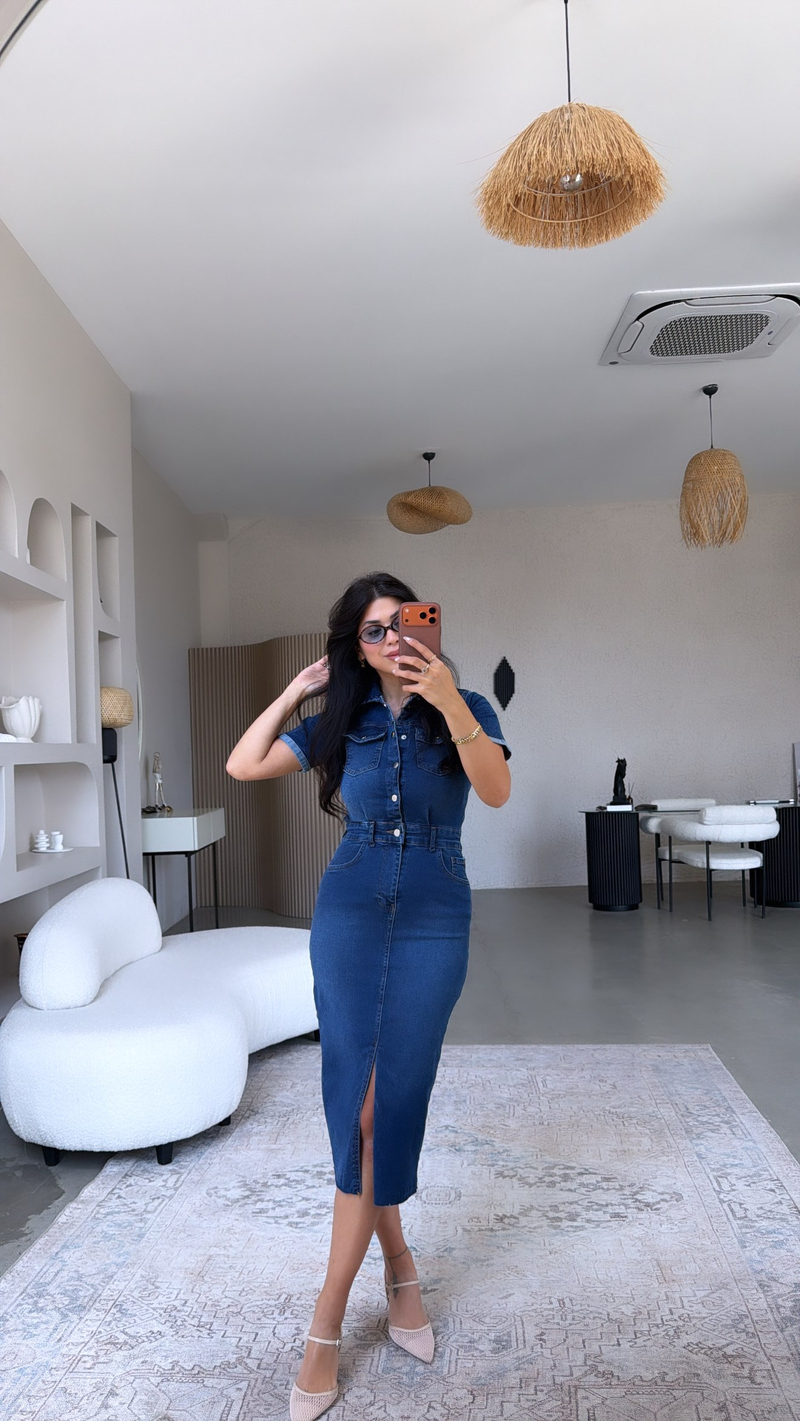 Kısa Kol Likralı Toparlayıcı Jean Elbise