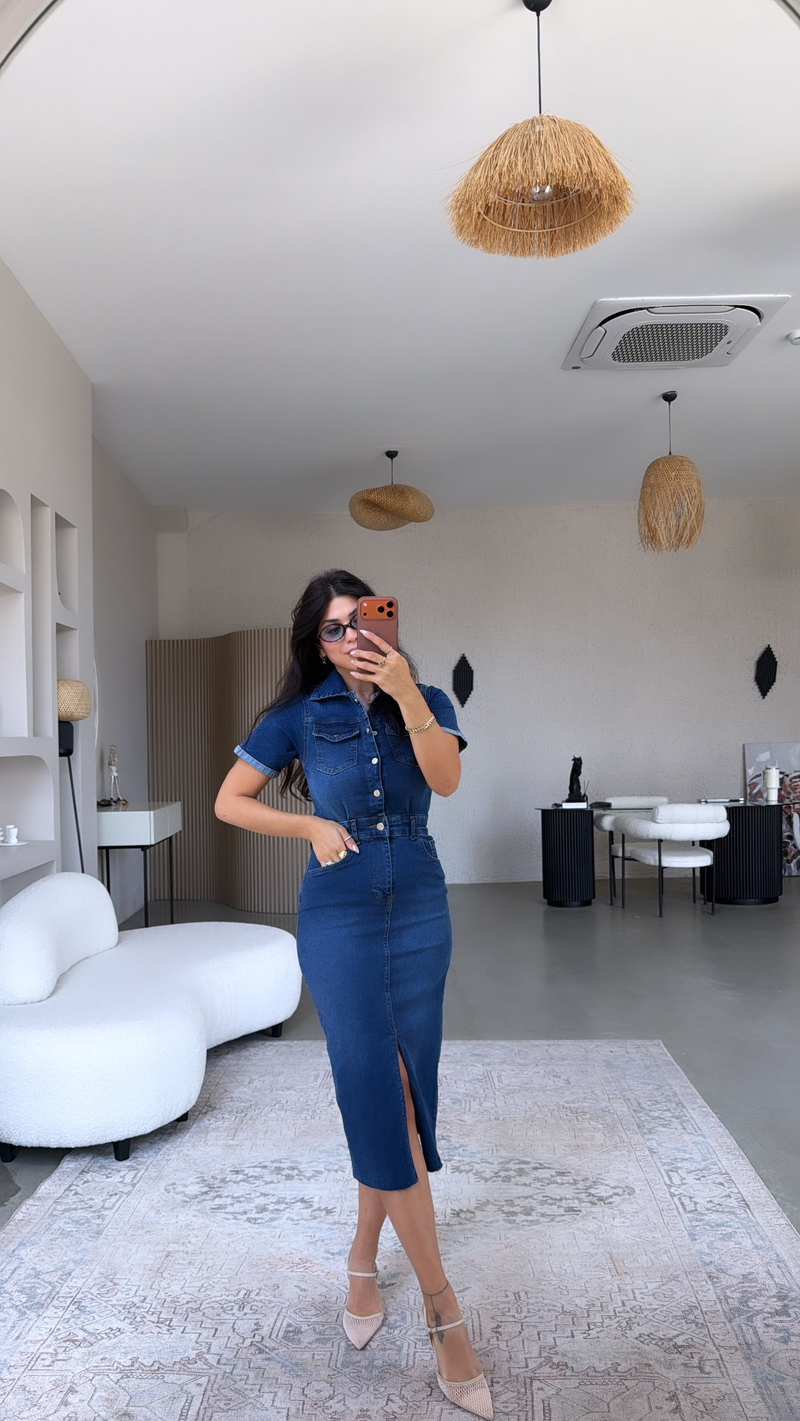 Kısa Kol Likralı Toparlayıcı Jean Elbise