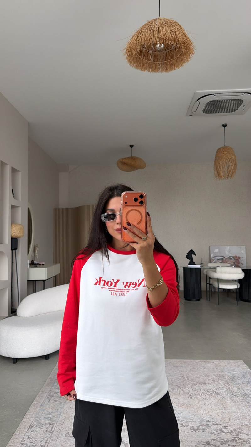 Kolları Kırmızı New York İki İplik Sweatshirt
