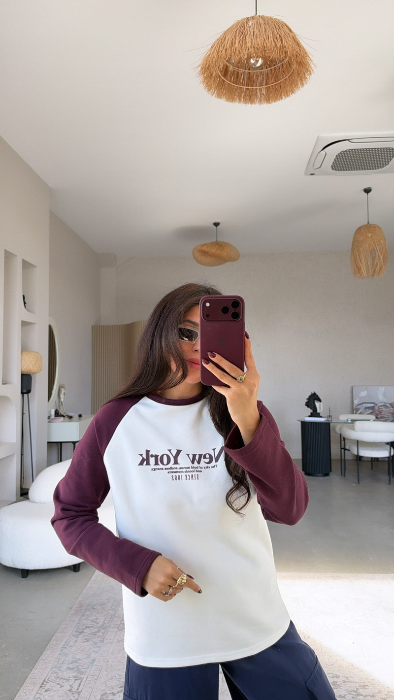 Kolları Mürdüm New York İki İplik Sweatshirt