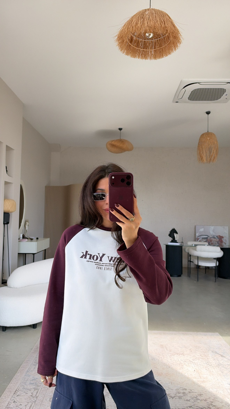 Kolları Mürdüm New York İki İplik Sweatshirt