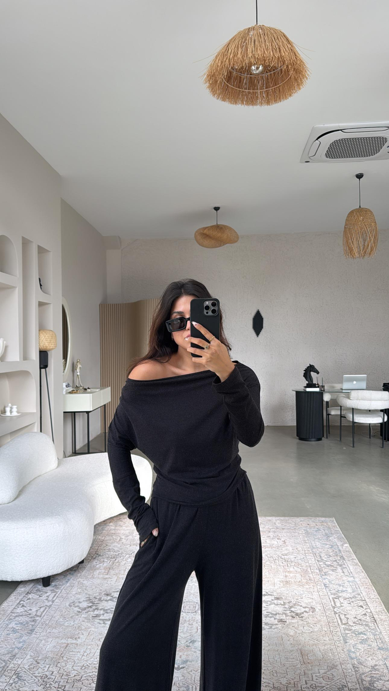 Koyu Antrasit Örme Kayık Yaka Takım
