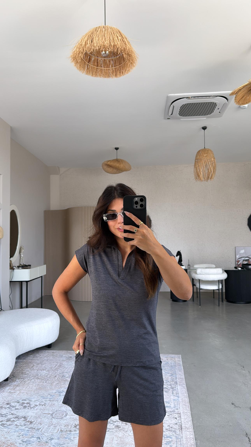 Koyu Antrasit Şortlu Polo Yaka Tshirt Takım