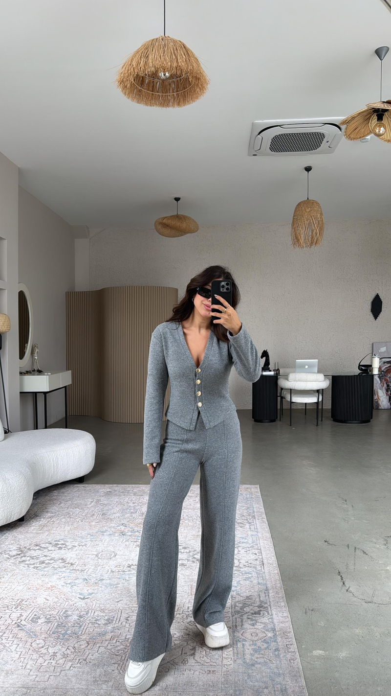 Koyu Gri Selanik Triko ZR model Hırka Pantolon Takım