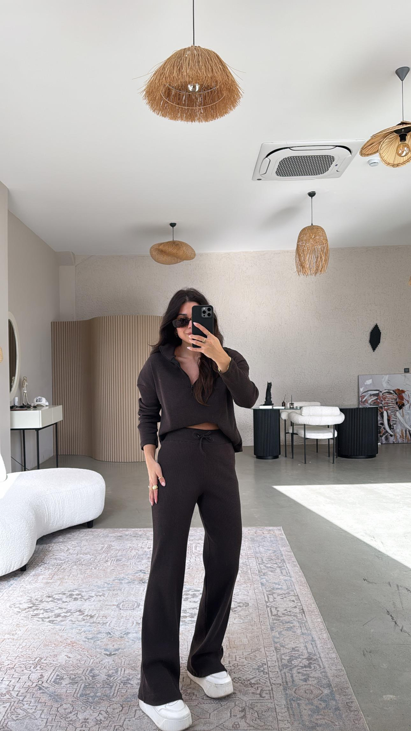 Koyu Kahverengi Yarım Fermuarlı Fitilli Basic Takım
