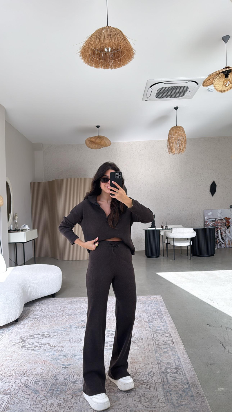 Koyu Kahverengi Yarım Fermuarlı Fitilli Basic Takım