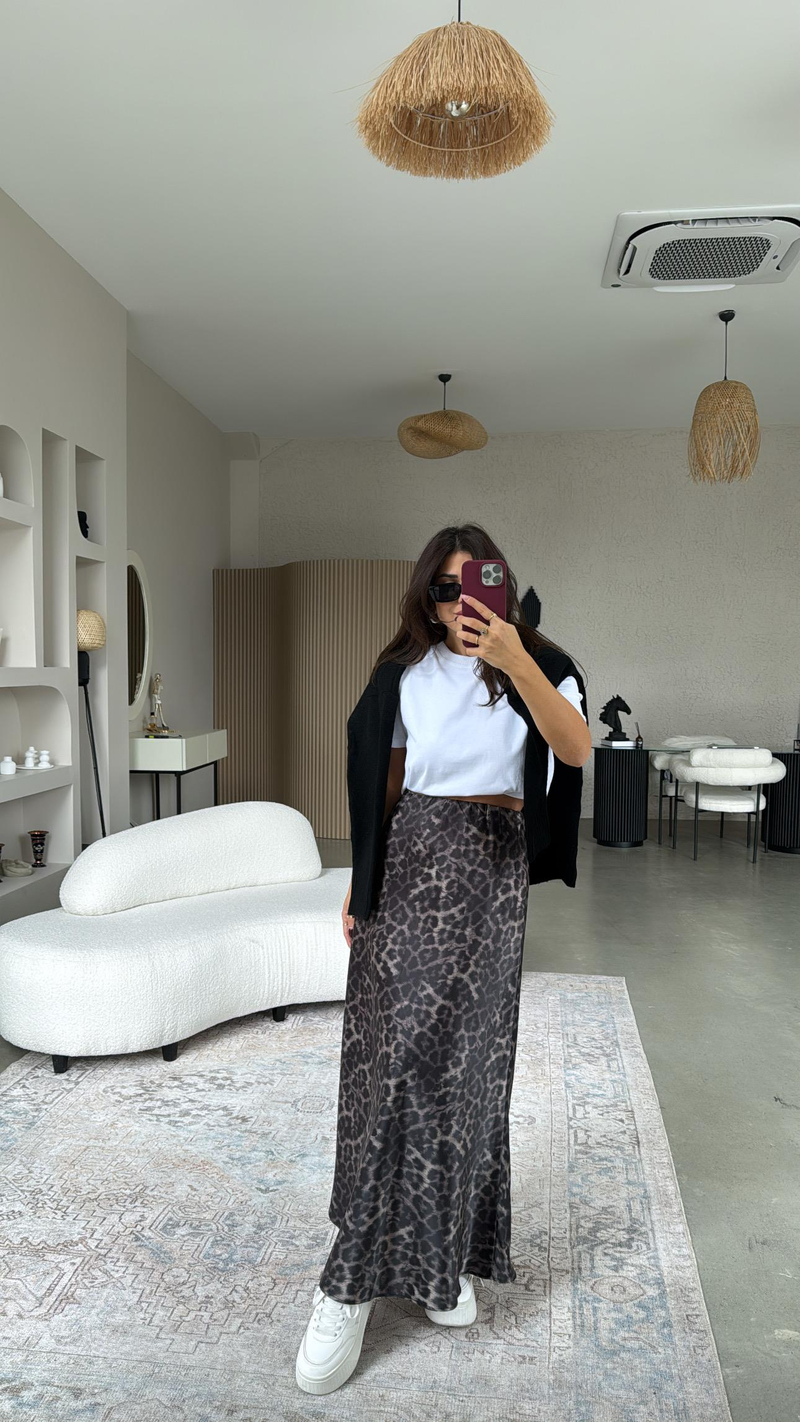 Koyu Leopar Maxi Boy Çan Etek