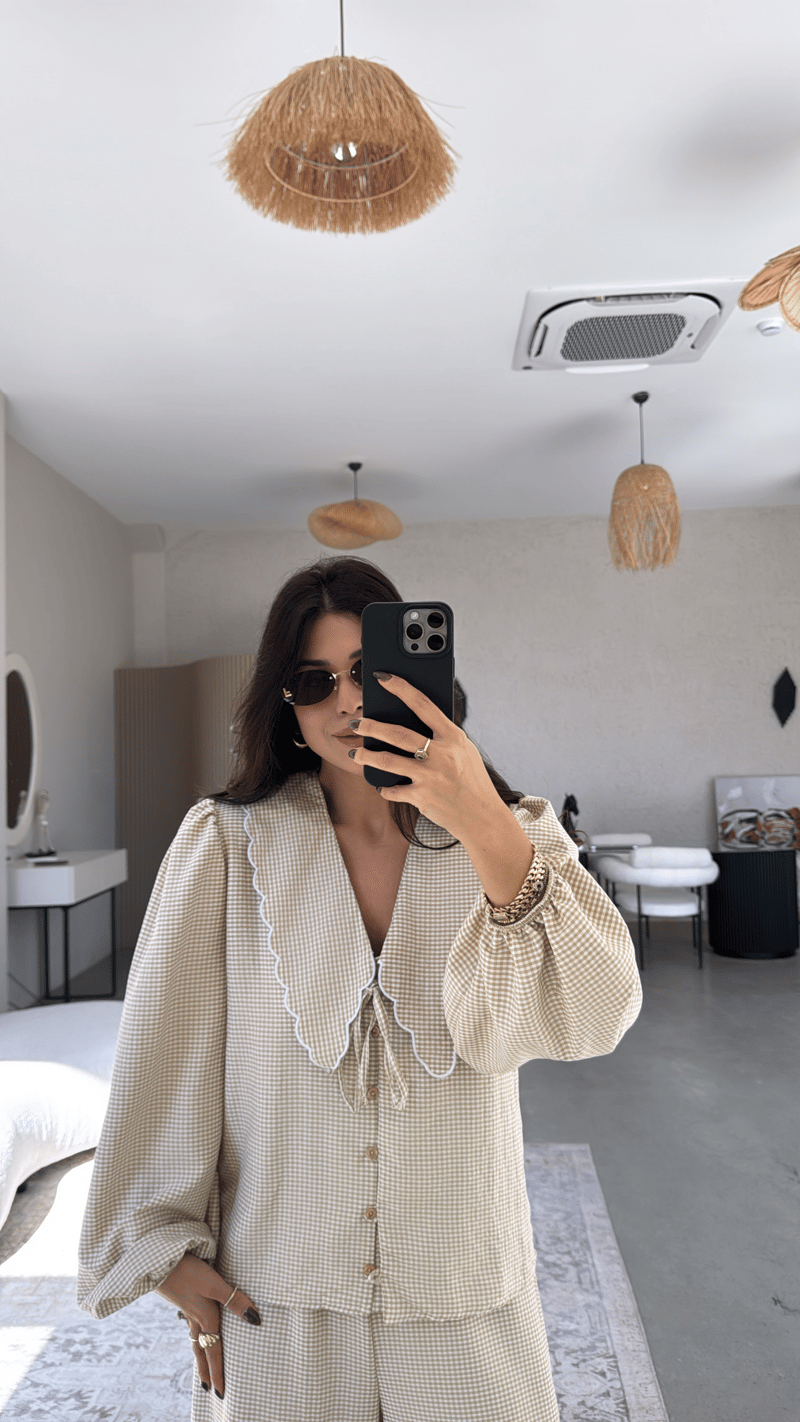 Krem Pötikare Yakalı Pantolon Bluz Takım