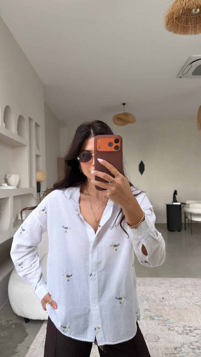 Kuş Nakışlı Premium Beyaz Keten Gömlek