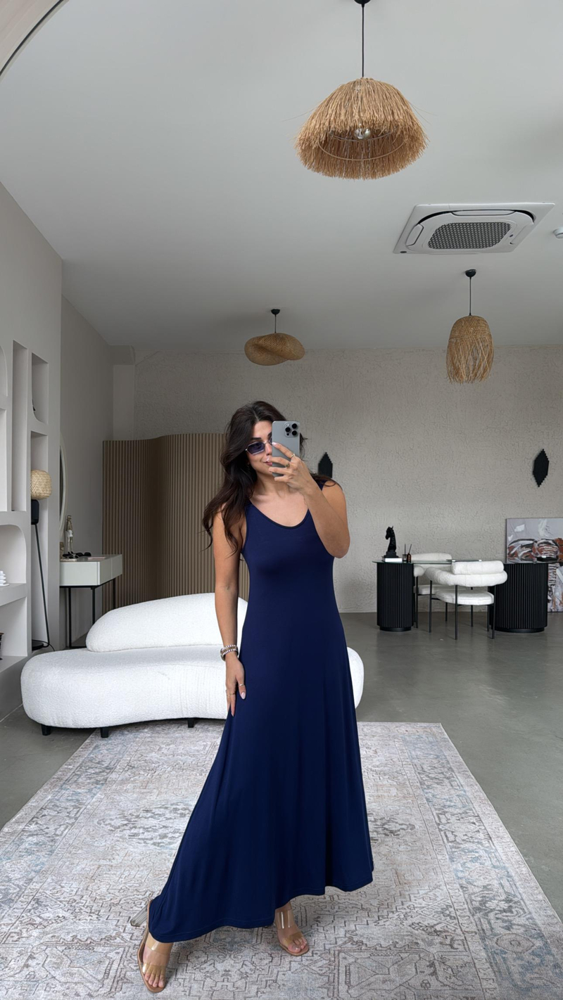 Lacivert Askıları Lastikli Pike Modal Elbise