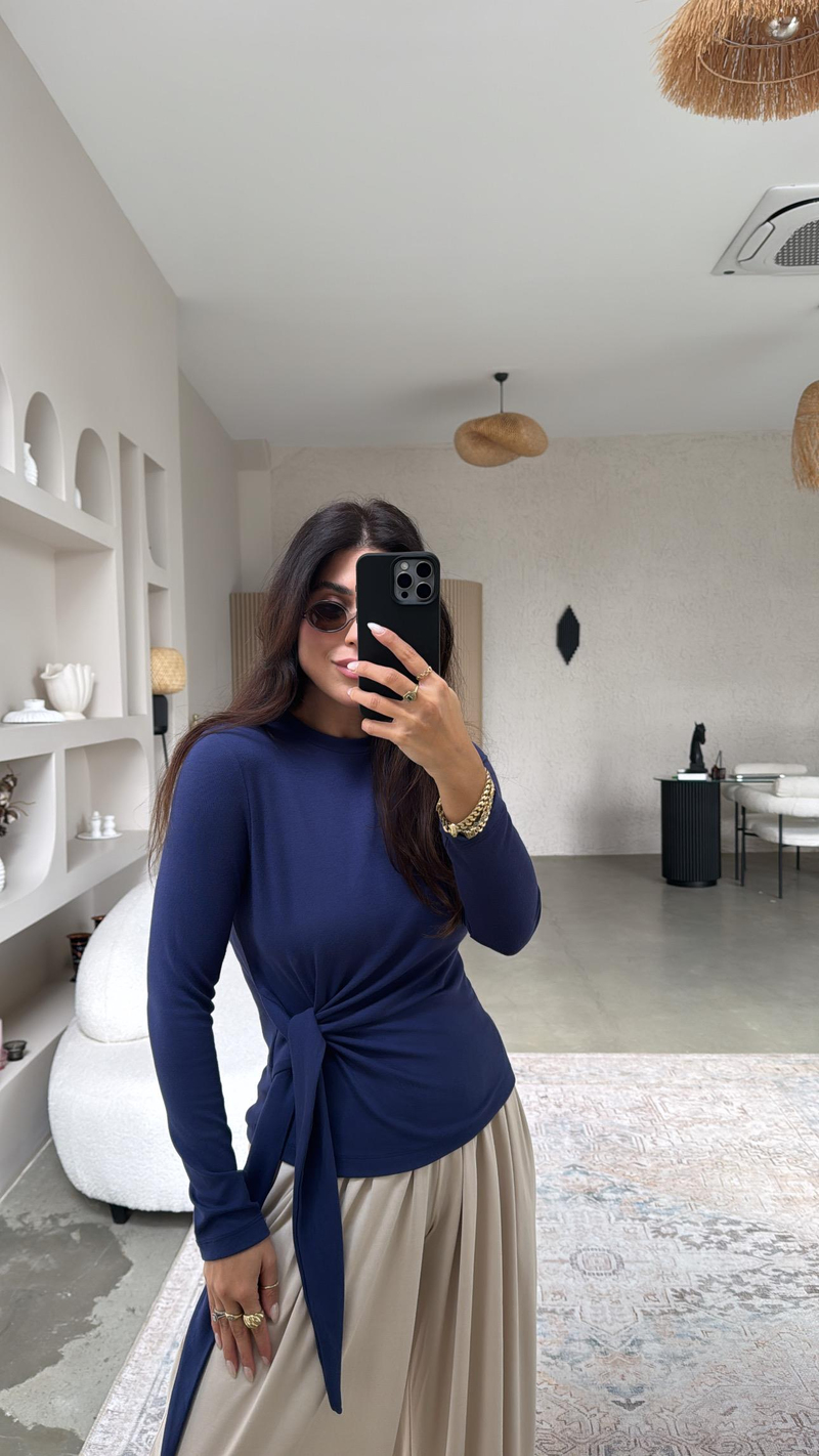 Lacivert Bağlamalı İthal Kumaş Bluz