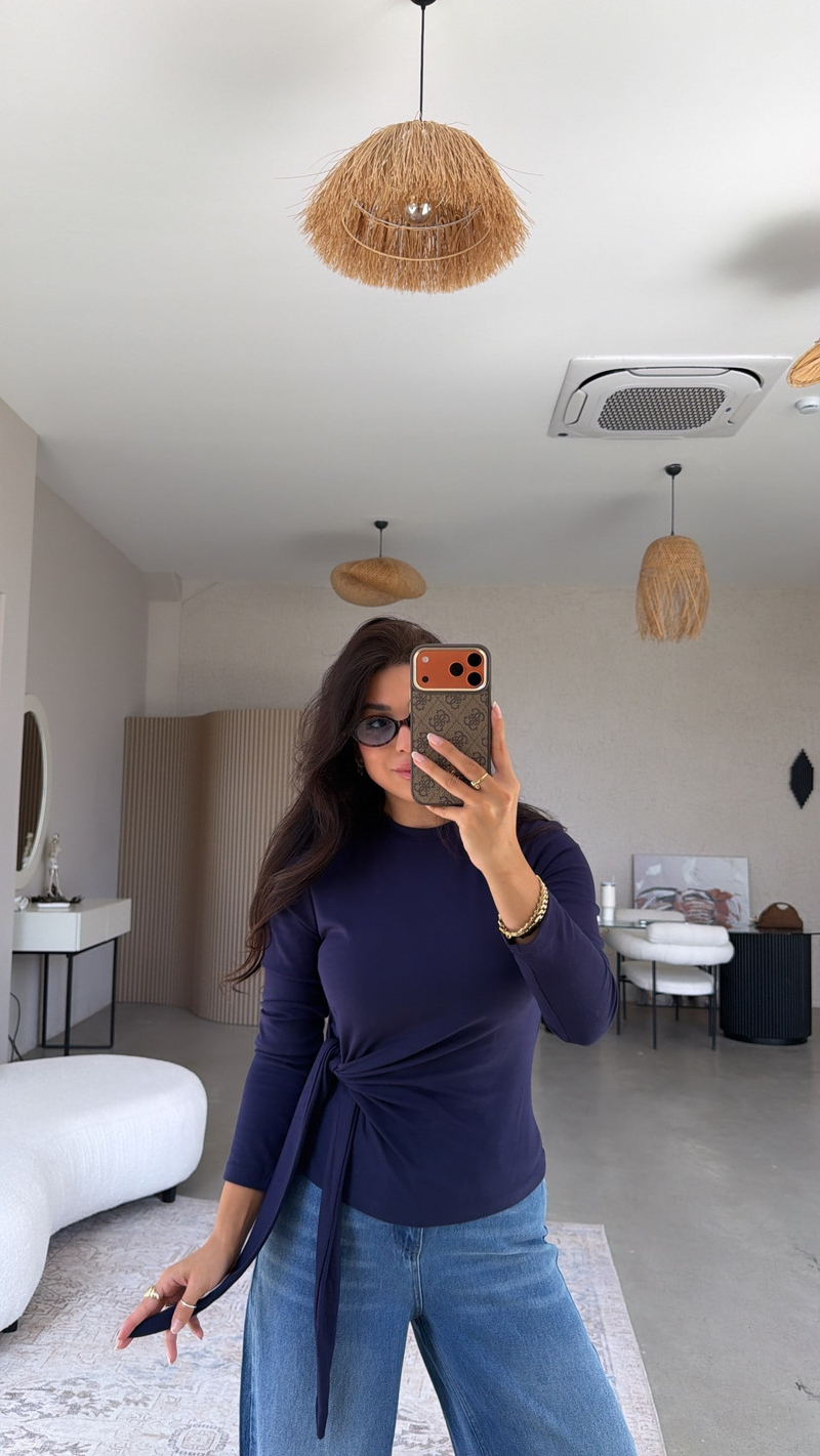 Lacivert Bağlamalı İthal Kumaş Bluz