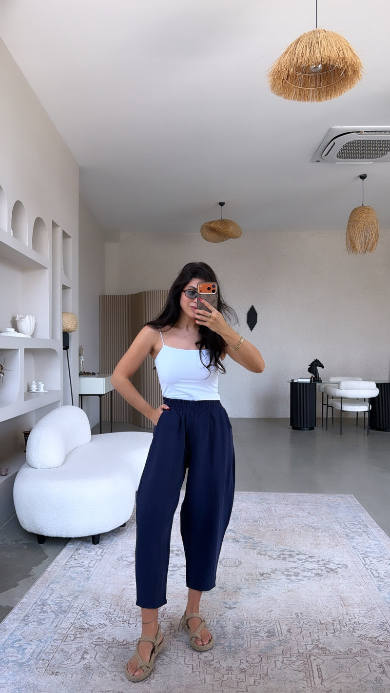 Lacivert Beli Lastikli Baggy Yıkamalı Tensel Kumaş Premium Pantolon