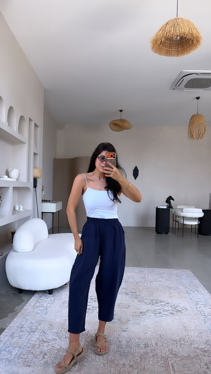 Lacivert Beli Lastikli Baggy Yıkamalı Tensel Kumaş Premium Pantolon