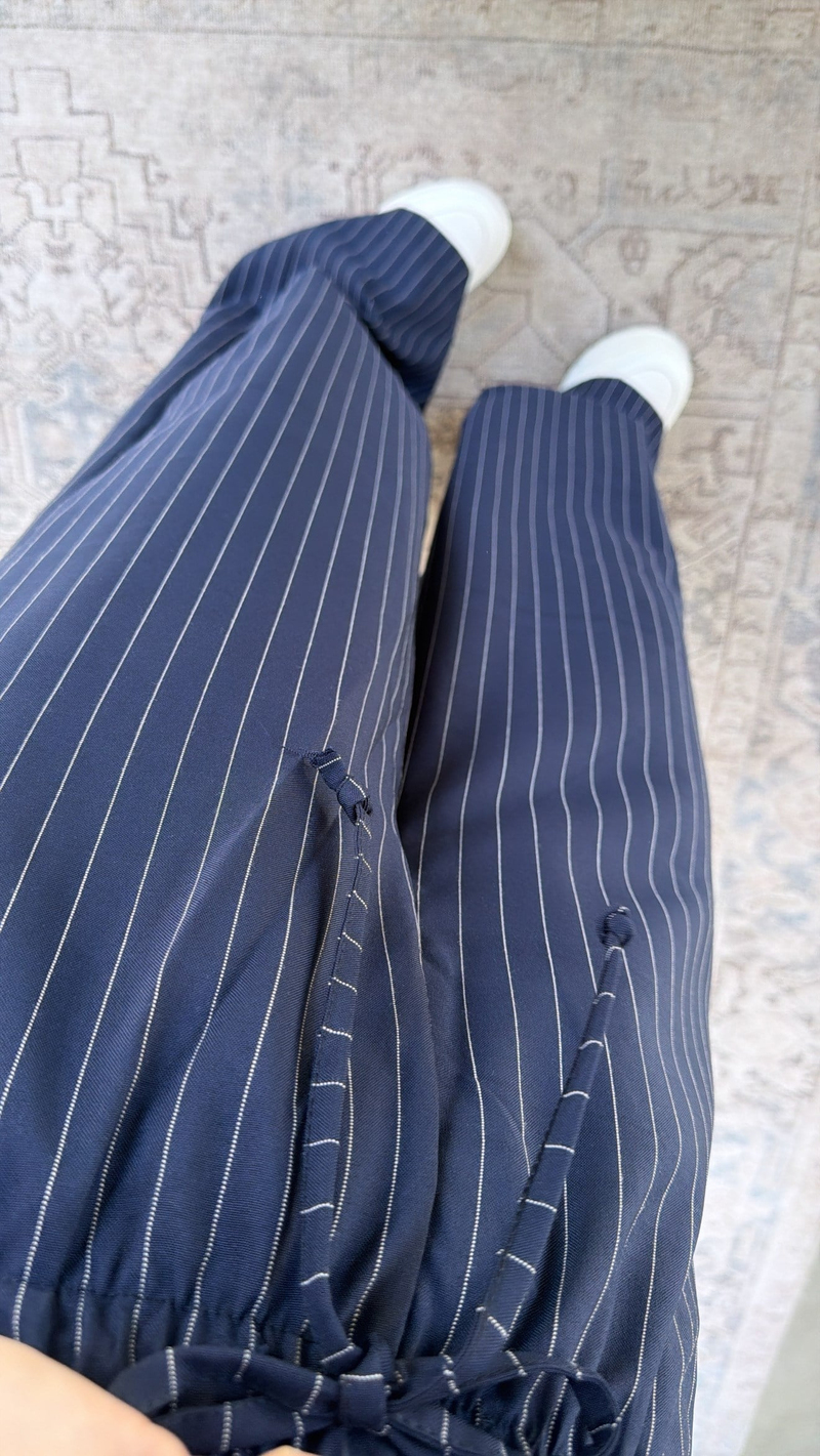 Lacivert Beli Lastikli Çizgili Kumaş Pantolon