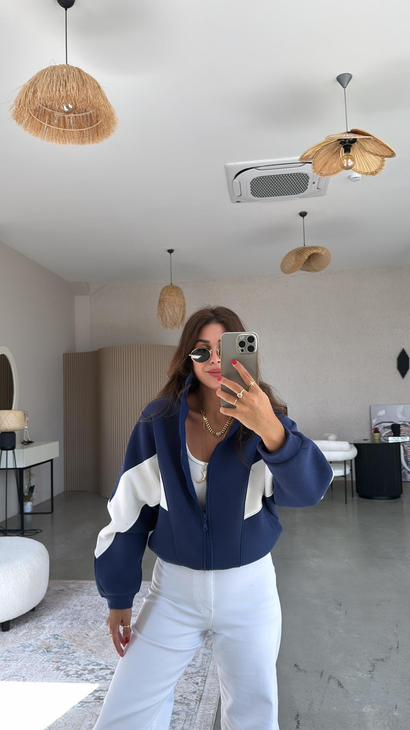 Lacivert Beyaz Şeritli Hoodie