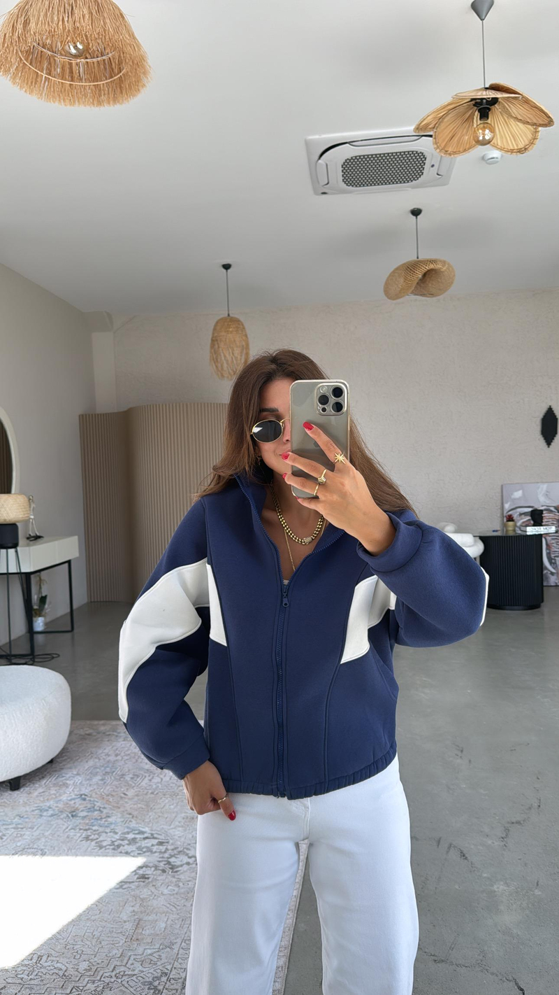 Lacivert Beyaz Şeritli Hoodie
