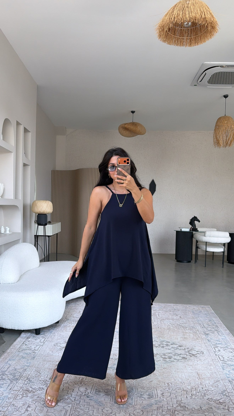 Lacivert Bluz Pantolon Görünümlü Tiril Tulum