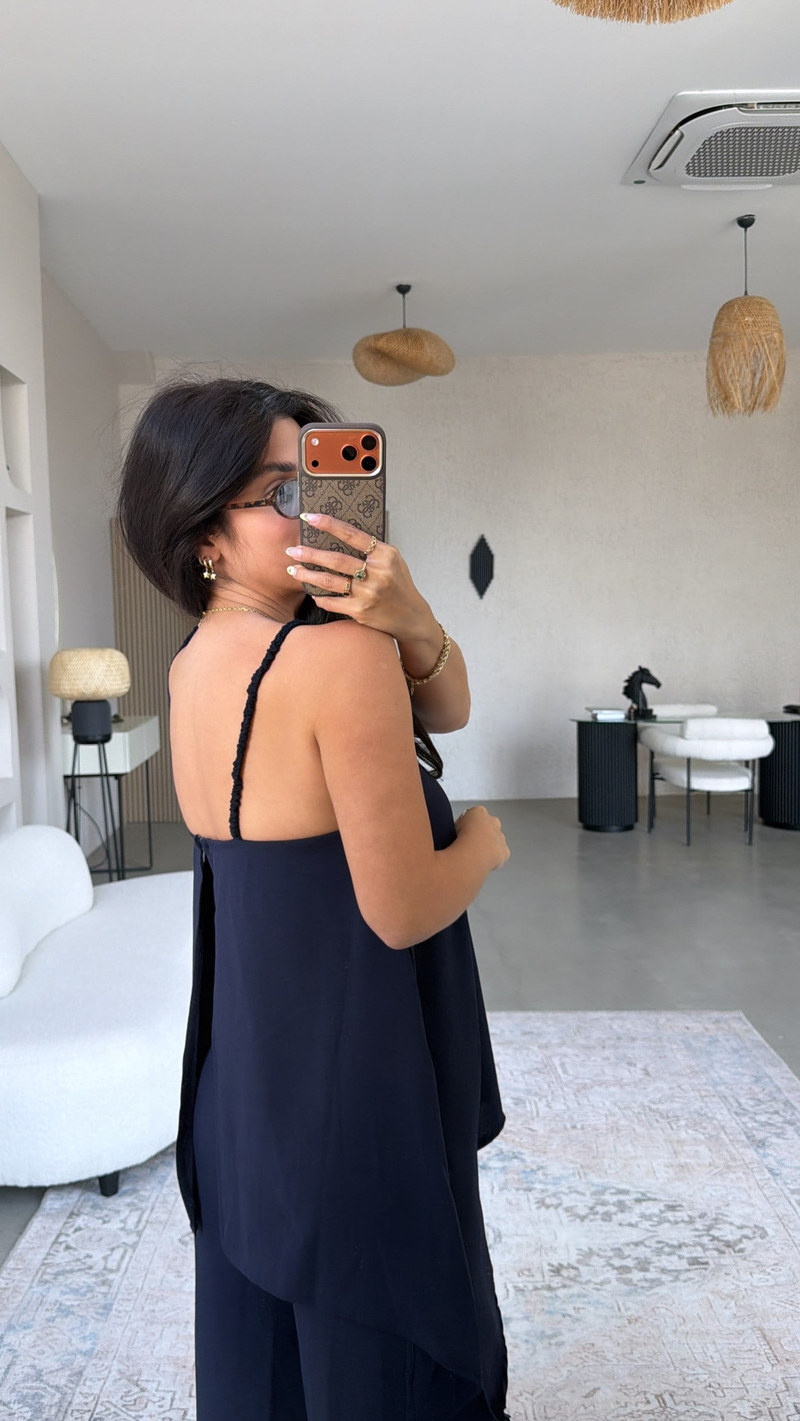 Lacivert Bluz Pantolon Görünümlü Tiril Tulum