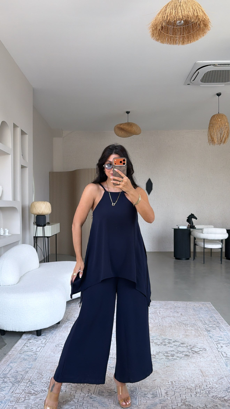 Lacivert Bluz Pantolon Görünümlü Tiril Tulum