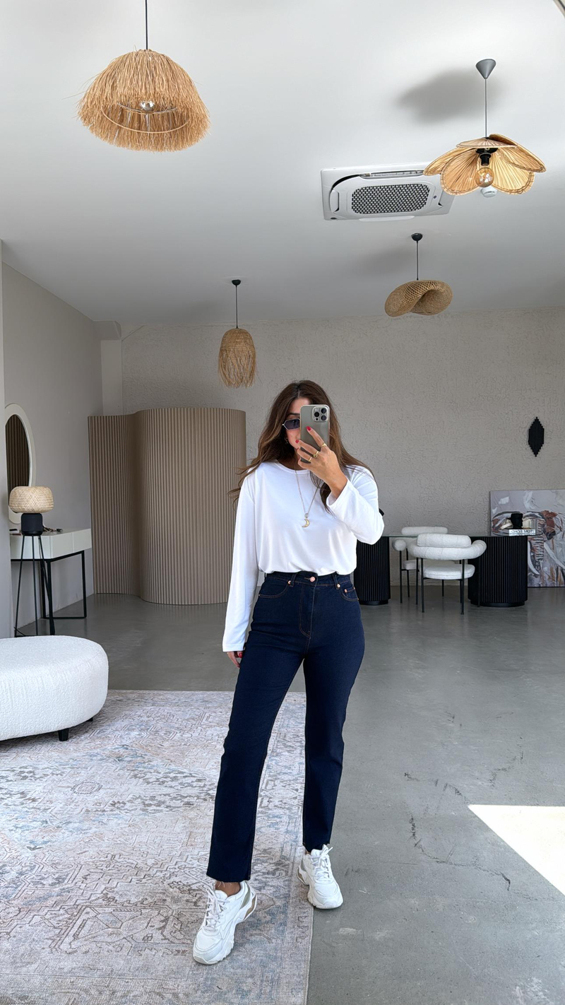 Lacivert Boyfit Paça Kesik ZR Jean