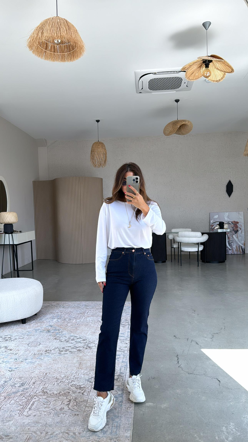 Lacivert Boyfit Paça Kesik ZR Jean