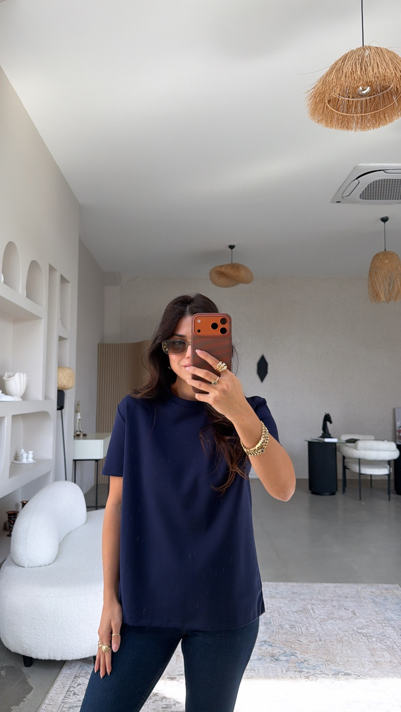 Lacivert BT Yüzde Yüz Tok Pamuk Doku Bisiklet Yaka Tshirt