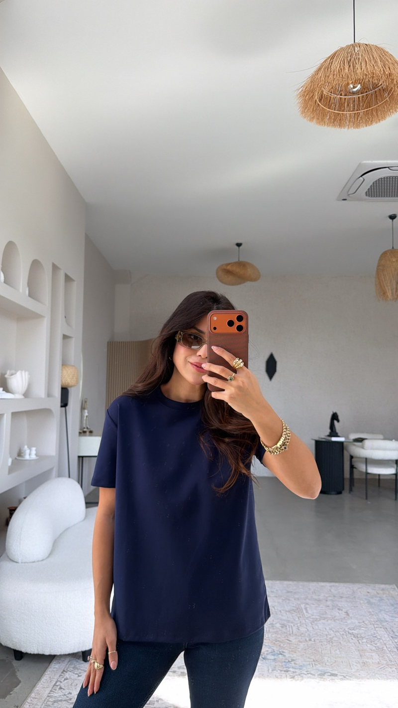 Lacivert BT Yüzde Yüz Tok Pamuk Doku Bisiklet Yaka Tshirt