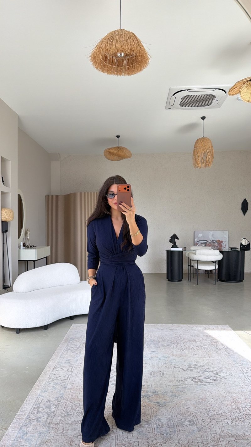 Lacivert Bürümcük Kumaş Truvakar Kol Bol Paça Tulum