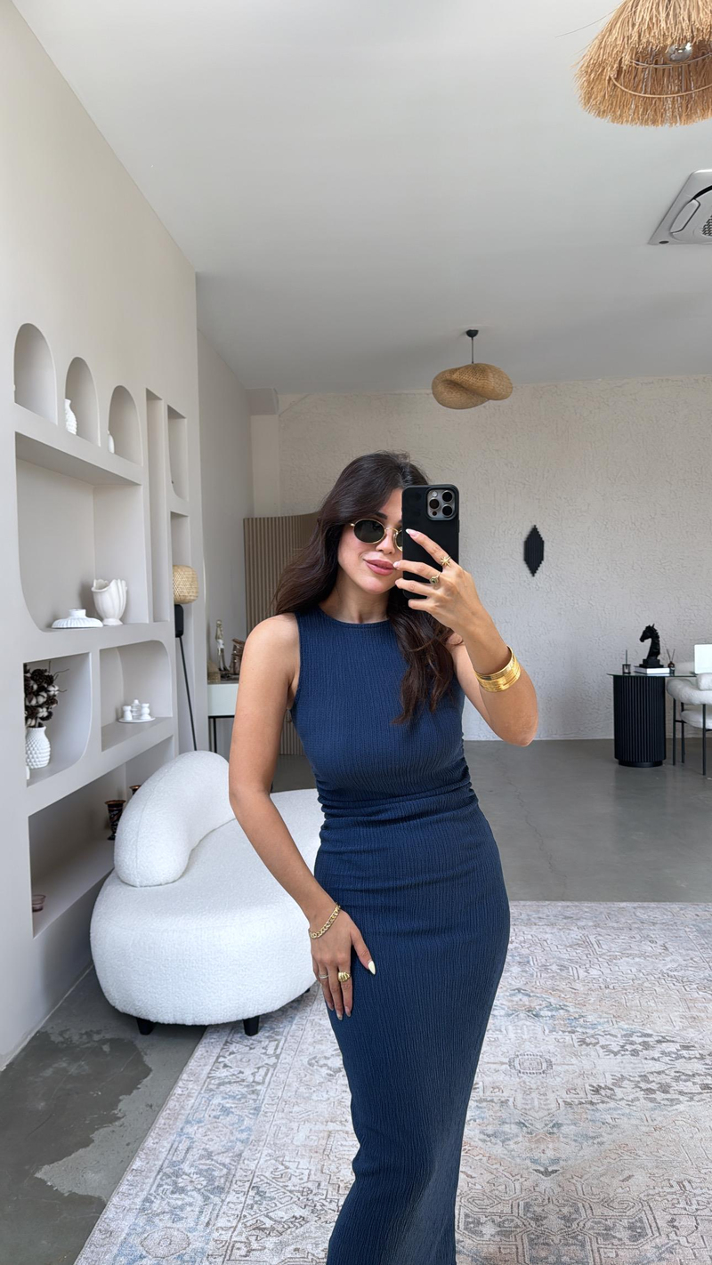 Lacivert Bürümcük ZR Model Büzgü Detay Elbise