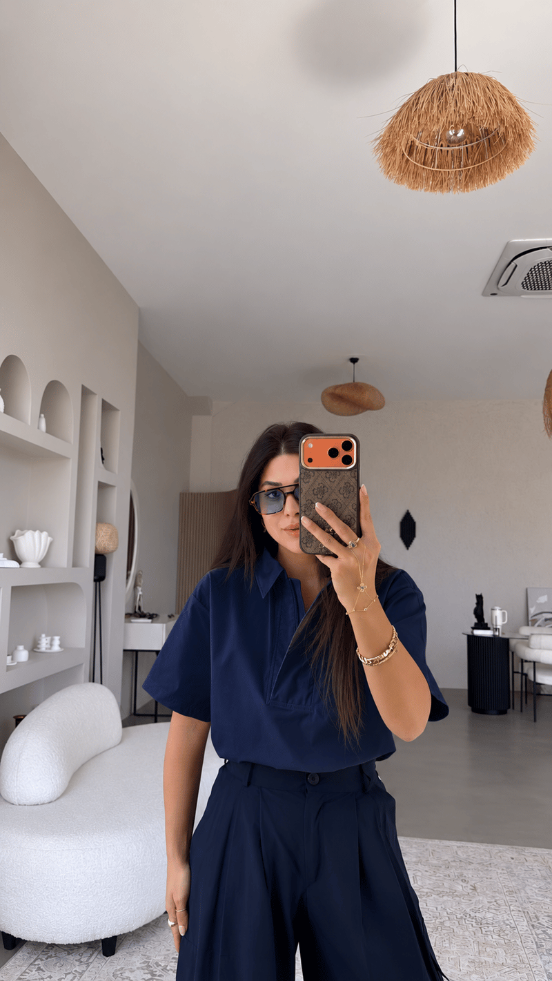 Lacivert Crop Fermuarlı Yakalı Gömlek Bluz