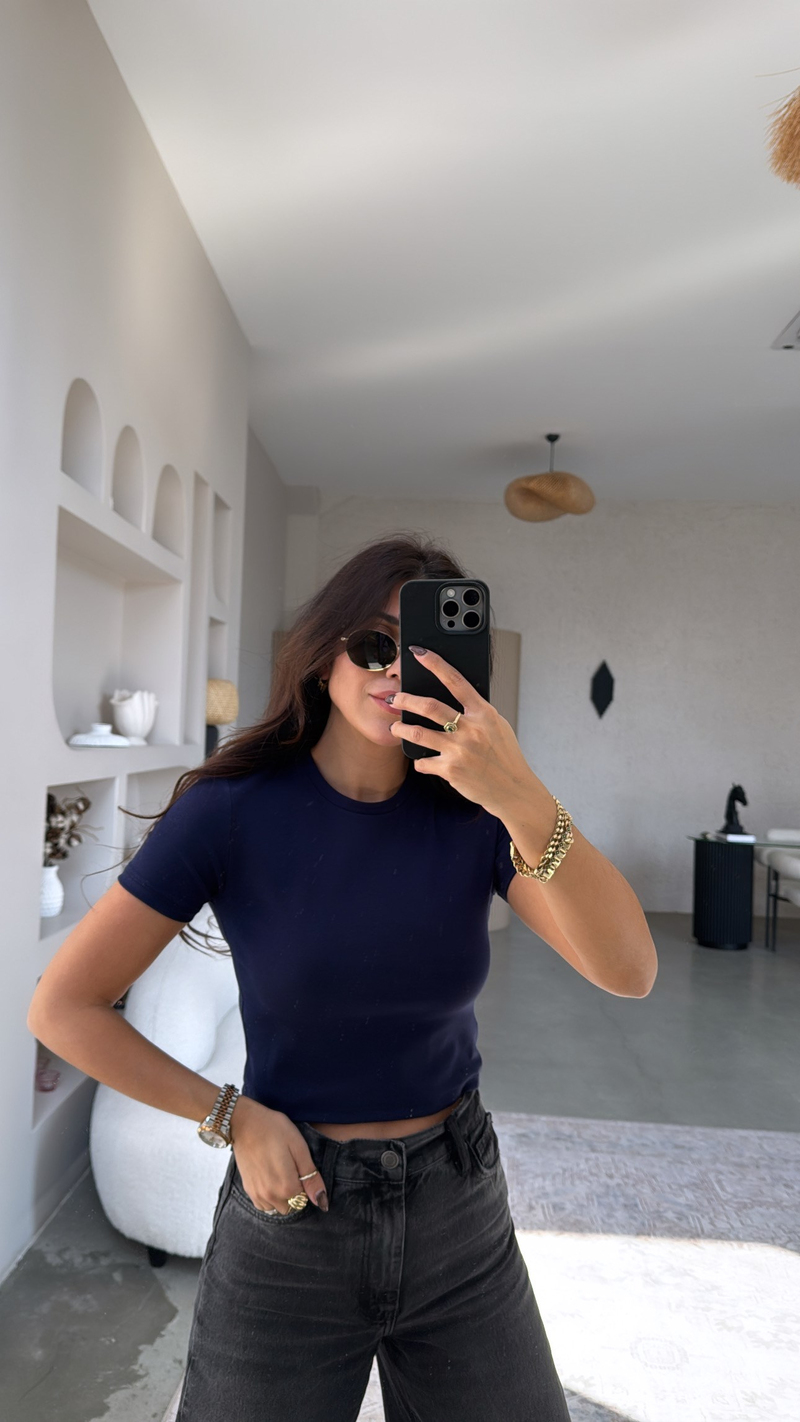 Lacivert Crop Pamuk Basic Kısa Kol Tshirt
