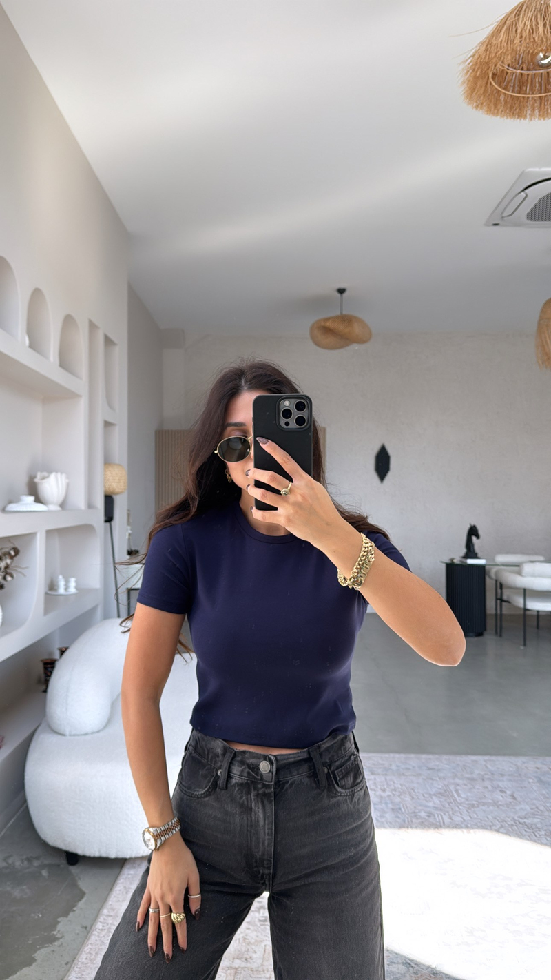 Lacivert Crop Pamuk Basic Kısa Kol Tshirt