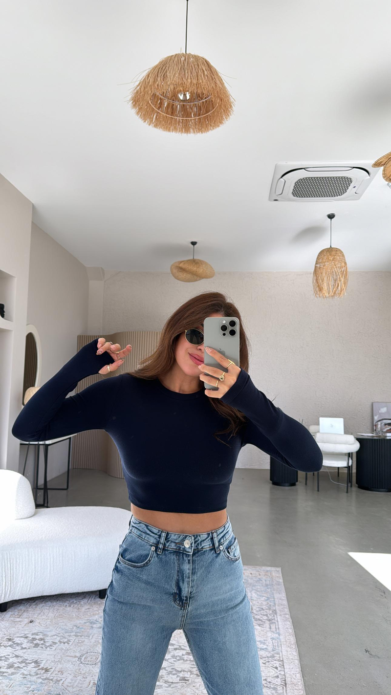 Lacivert Crop Parmak Geçme İthal Body