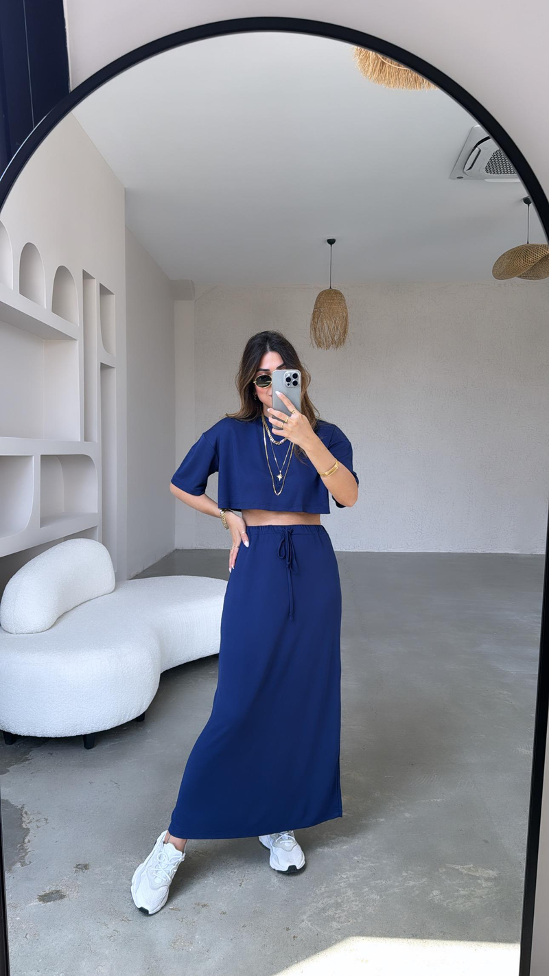 Lacivert Crop Tshirt Etek Takım