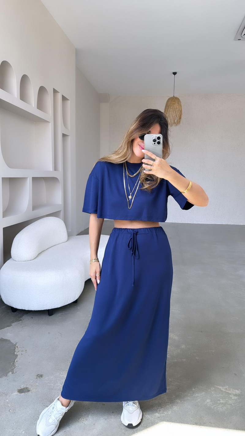 Lacivert Crop Tshirt Etek Takım
