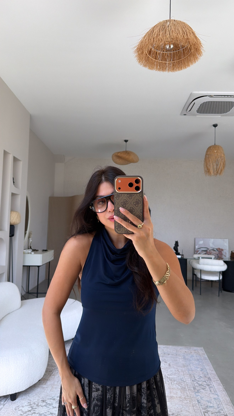 Lacivert Degaje Ense Düğmeli Bluz